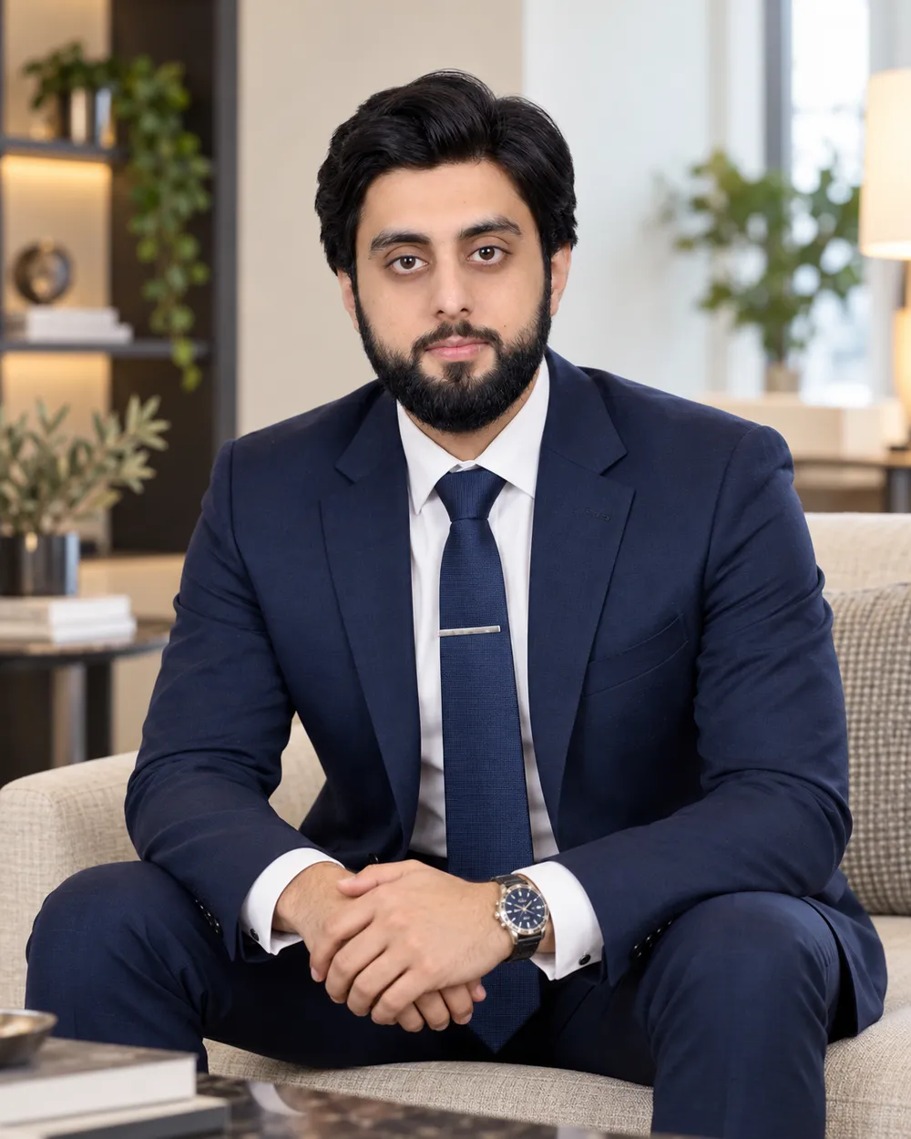 The Launch VRO founder, seated in a modern lounge, wearing a navy suit.