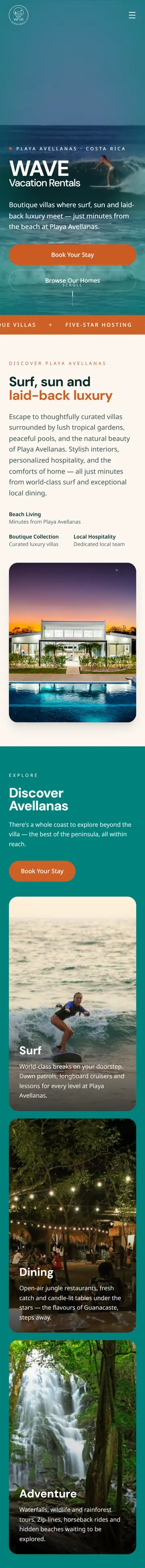 Phone view of the Wave Vacation Rentals website, scrolling